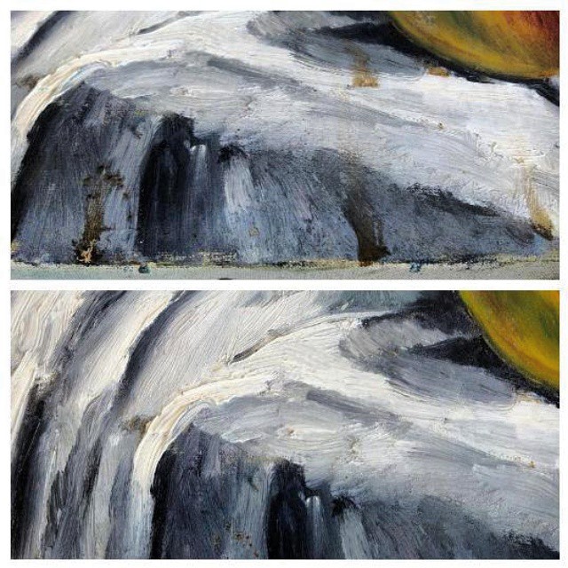 Detalle de una #pinturaaloleo con manchas antes y después de #limpiar #conservación y #restauración